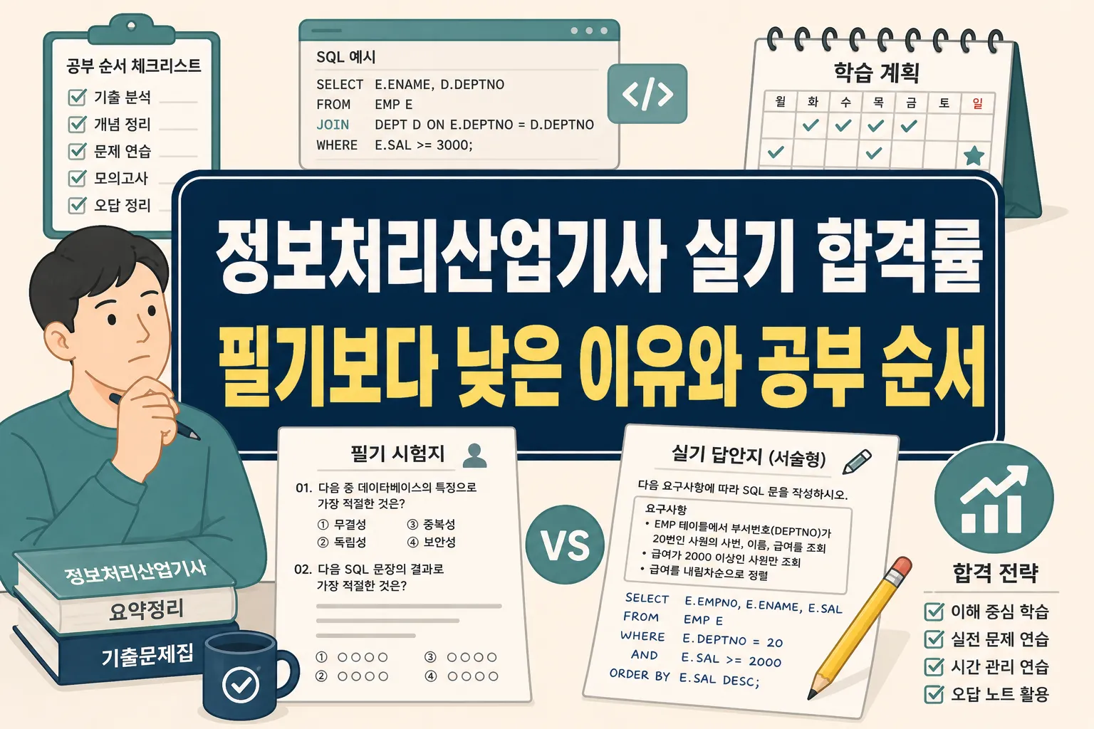 정보처리산업기사 실기 합격률이 필기보다 낮게 체감되는 이유와 공부 순서를 비교해 글의 핵심 범위를 안내하는 썸네일 이미지