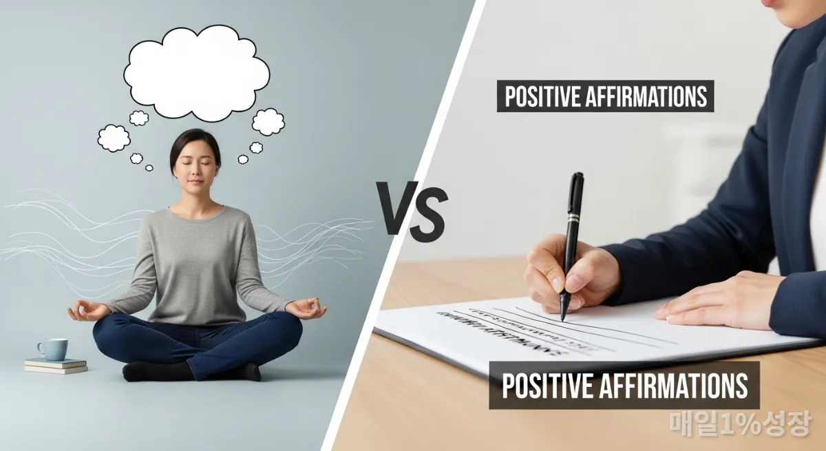 마인드풀니스 명상과 긍정 확언의 차이점을 시각적으로 비교하는 이미지