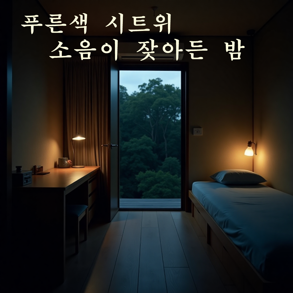 창밖으로 숲이 보이는 푸른색 시트 침대가 있는 방