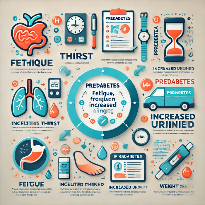 주요 증상인 피로감, 잦은 갈증, 소변 증가, 체중 변화를 나타내는 그래픽.