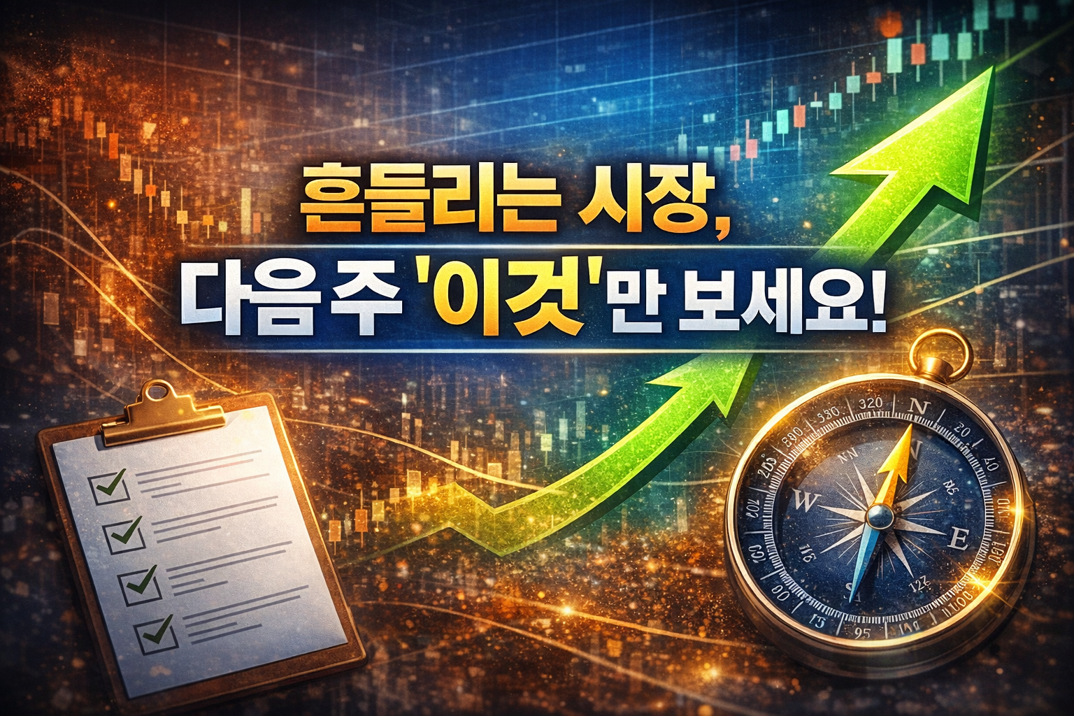 흔들리는 증시 속에서 다음 주 투자 전략의 핵심 포인트를 강조한 이미지로, 체크리스트와 상승 그래프, 방향을 상징하는 나침반이 함께 표현된 썸네일