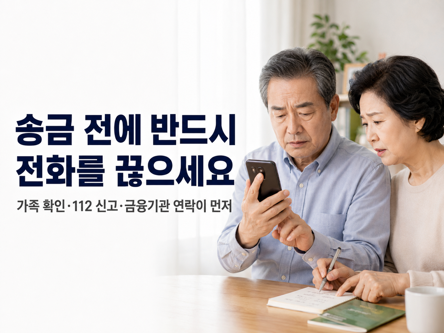 60대 한국인 남성이 의심스러운 자녀 사칭 전화를 끊은 뒤 다른 휴대전화로 112 또는 가족에게 확인하고, 옆에서 배우자가 송금을 멈추는 실사형 이미지