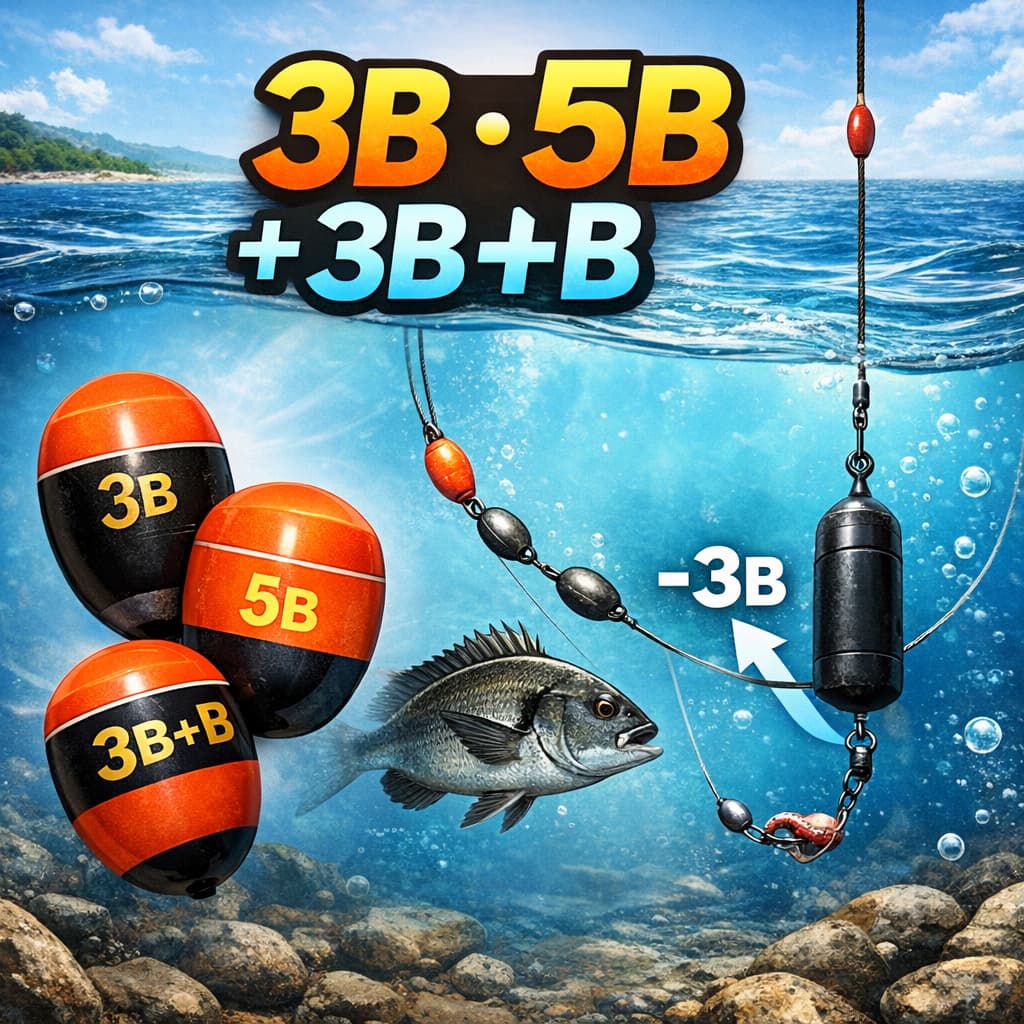 구멍찌 3B 5B 부력과 수중찌 봉돌 침력 세팅을 설명하는 바다낚시 채비 이미지