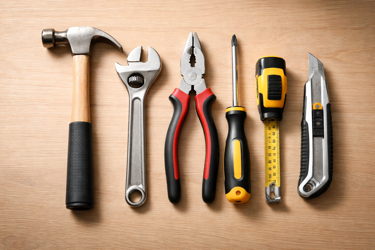 망치, 렌치, 펜치, 드라이버, 줄자, 커터칼 등 서로 다른 기능을 가진 공구들이 나무 테이블 위에 가지런히 놓여 있는 모습
