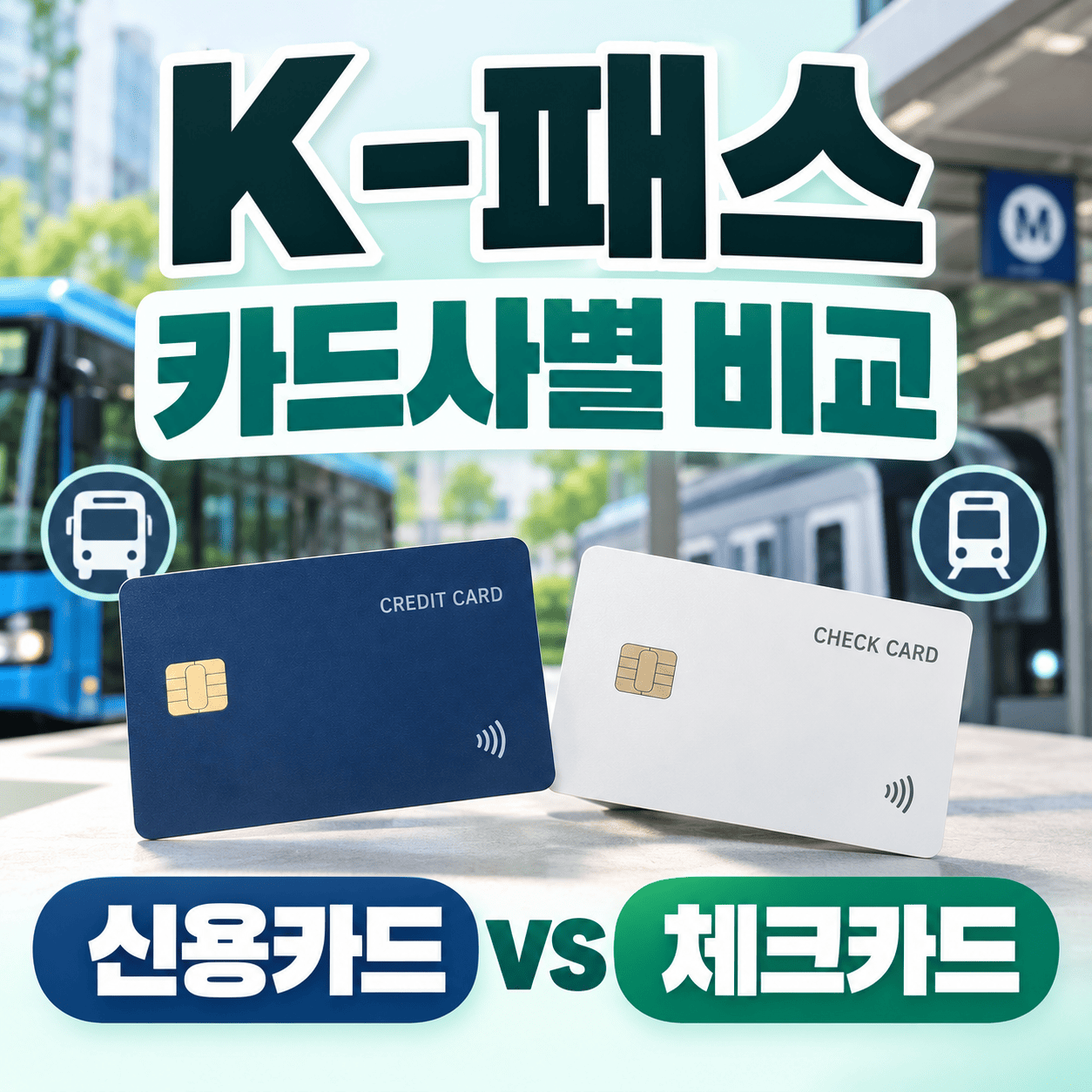 버스와 지하철 아이콘 옆에서 K-패스 신용카드와 체크카드를 비교하는 이미지