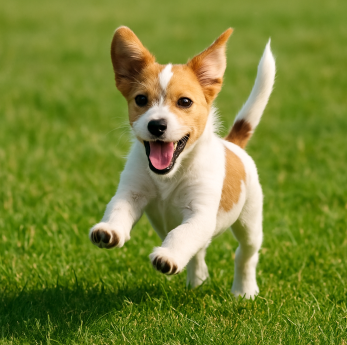잔디밭에서 뛰는 강아지 이미지