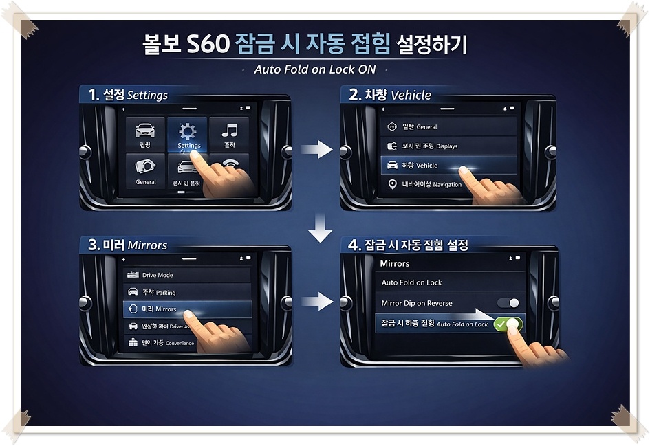 볼보 S60 잠금시 자동 접힘 설정 센터 디스플레이 화면