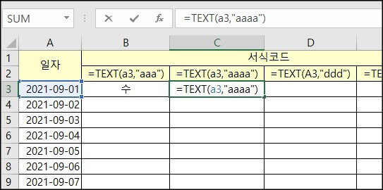 엑셀-요일-서식코드-입력