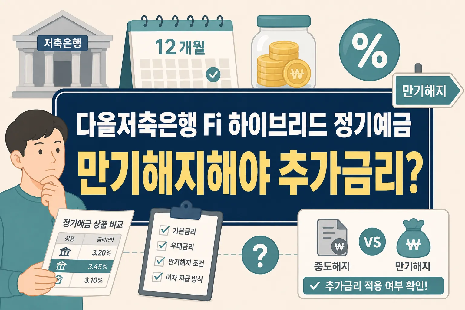다올저축은행 Fi 하이브리드 정기예금 추가금리가 만기해지 조건과 어떤 관계가 있는지 한눈에 확인하도록 구성한 썸네일 이미지