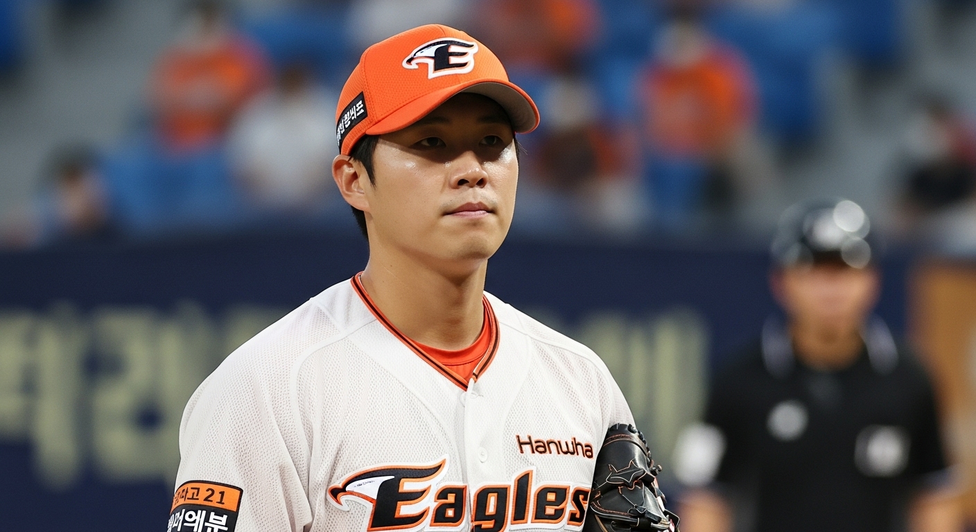 한화이글스의 투수가 마운드 위에서 집중하며 다음 투구를 준비하는 모습. 비장함과 강한 의지가 느껴진다.