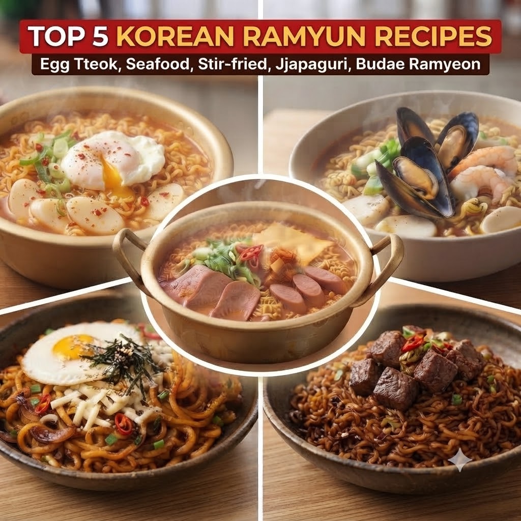 A collage of five different Korean ramyun dishes, including Budae Ramyeon, Egg and Tteok Ramyun, Seafood Ramyun, Bokkeum-ramyeon, and Jjapaguri with Steak, titled "TOP 5 KOREAN RAMYUN RECIPES".