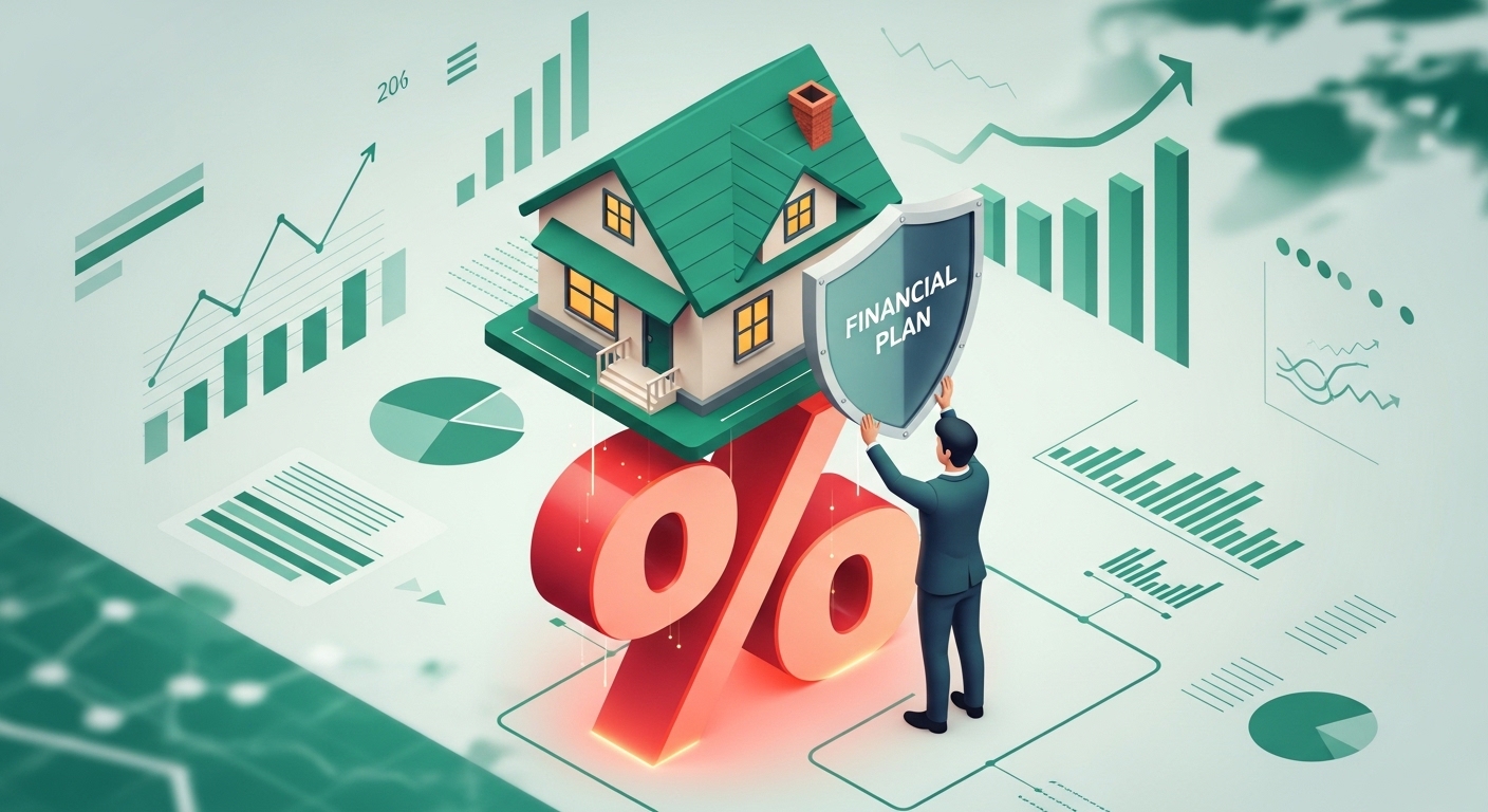 남자가 FINANCIAL PLAN 이라는 푯말을 들고 있고 앞에는 집과 % 의 마크가 있고 뒤로는 여러 그래프들이있는 삽화
