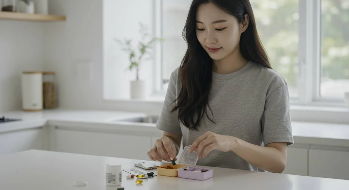 영양제 통에 영양제를 담고 있는 여성 이미지