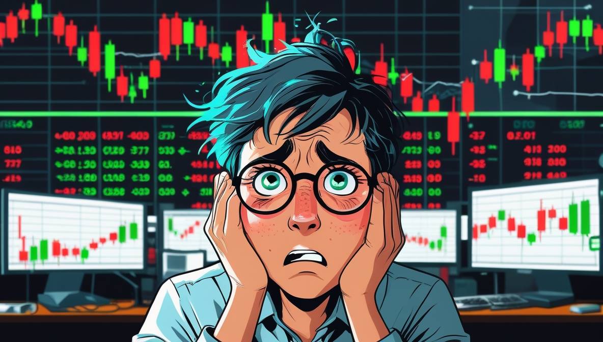 주식 차트, 붉은색과 초록색 캔들 그래프, 급등·급락을 나타내는 화살표, 숫자들이 빠르게 바뀌는 전광판 등이 표시됨.
전경에는 안경을 쓴 주인공이 혼란스러운 표정