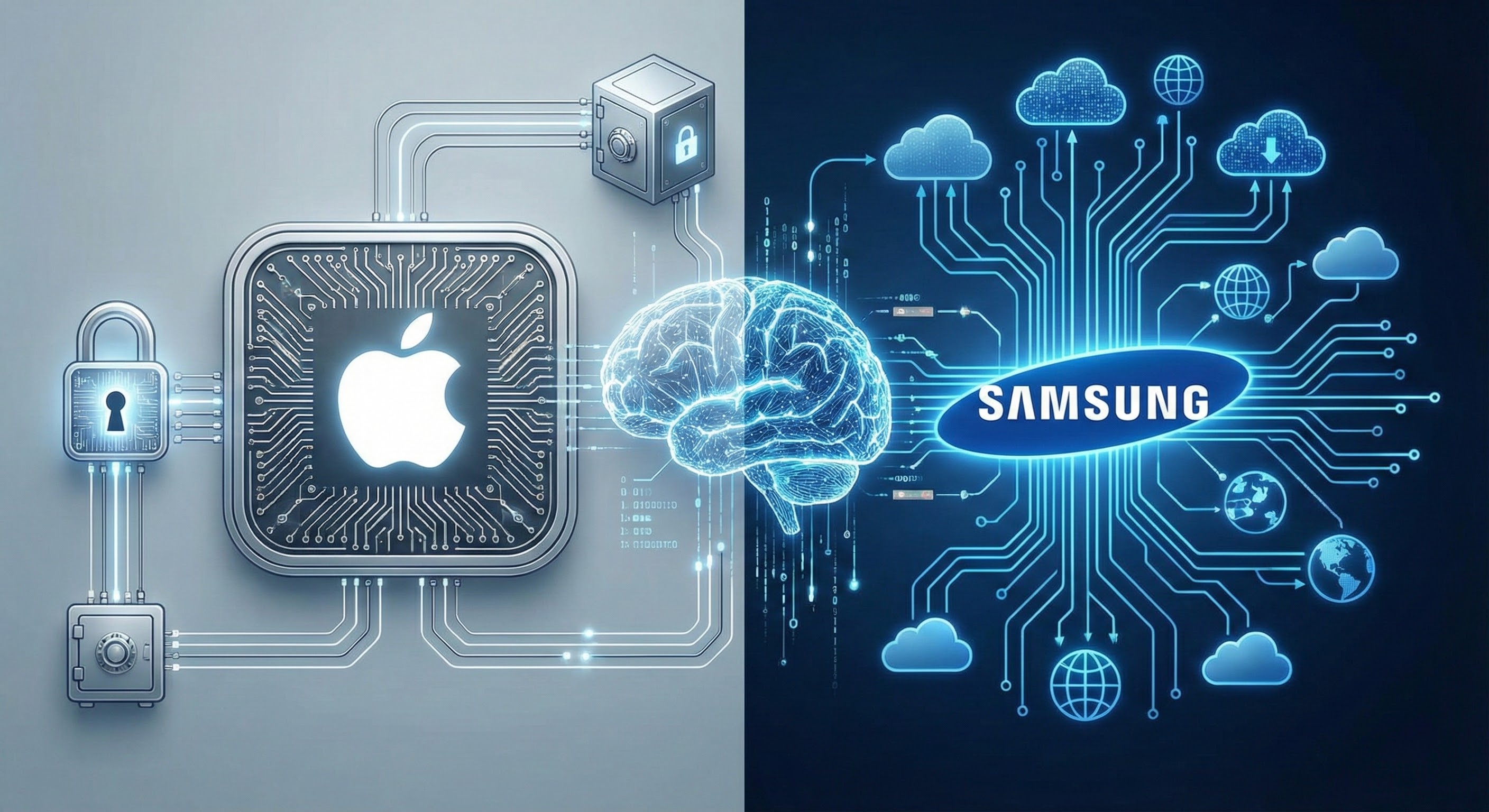 좌측에는 자물쇠와 금고로 보안이 강조된 폐쇄적인 애플(Apple)의 은색 AI 회로도가, 우측에는 구름 아이콘과 지구본으로 연결이 강조된 개방적인 삼성(Samsung)의 파란색 AI 회로도가 중앙의 디지털 뇌 구조를 중심으로 대립하고 있는 온디바이스 AI 전략 비교 개념도.