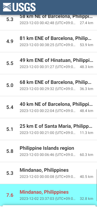 필리핀-민다나오섬-대지진-2023년-12월2일-미국지질조사소-USGS-지진발생기록표