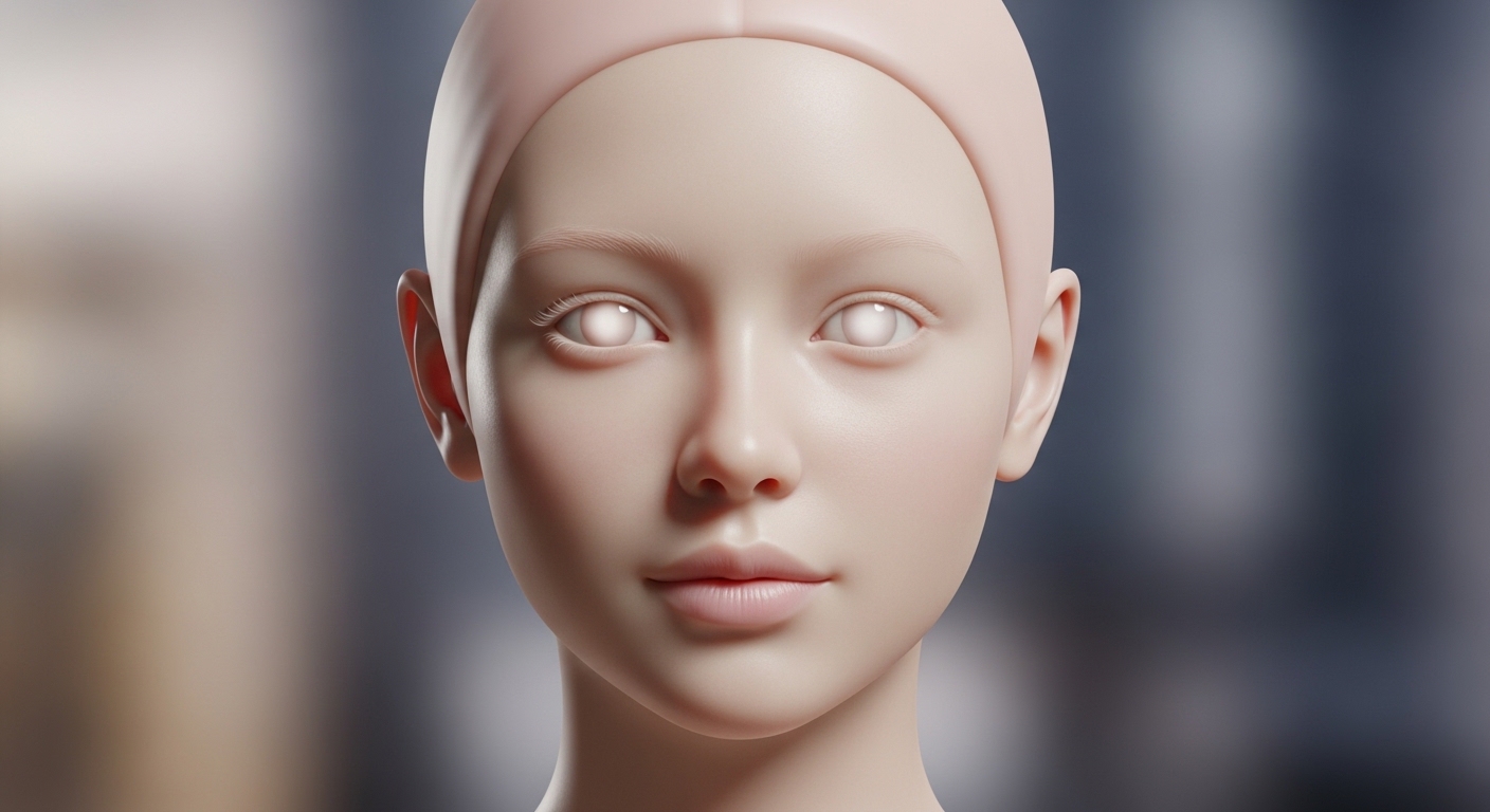 과도하게 매끄럽고 인형 같은 피부, 부자연스러운 눈동자를 가진 AI 생성 여성 인물 사진. 전반적으로 부자연스럽고 인공적인 느낌을 준다.