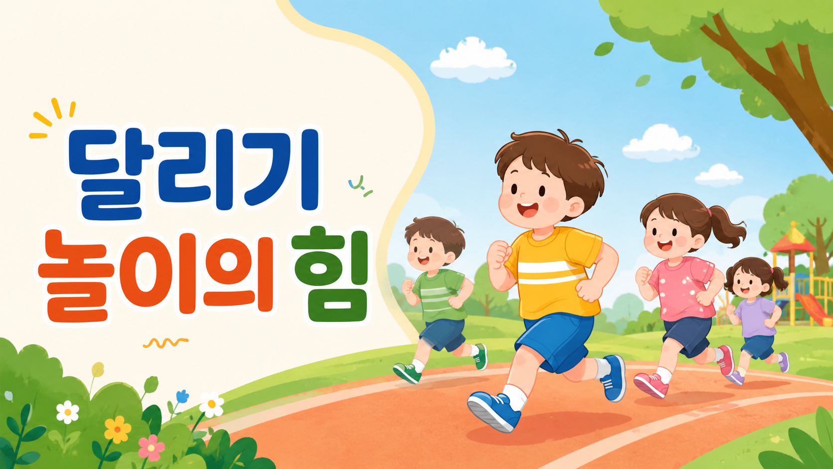 넓은 공원에서 유아들이 즐겁게 달리며 신체 활동을 하는 모습을 표현한 교육용 일러스트 이미지