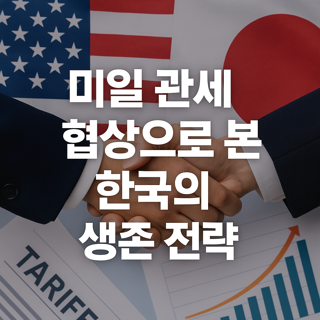 미국과 일본 국기를 배경으로 미일 관세 협상으로 본 한국의 생존전략 문구