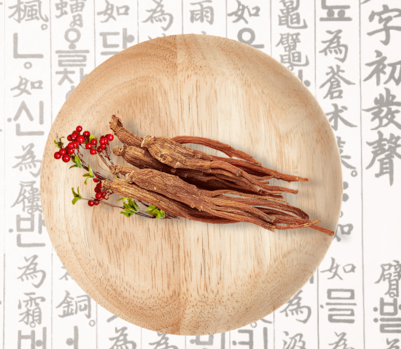 훈민정음 적힌 한지 위 나무 접시에 가지런히 모아 담은 홍삼뿌리 이미지