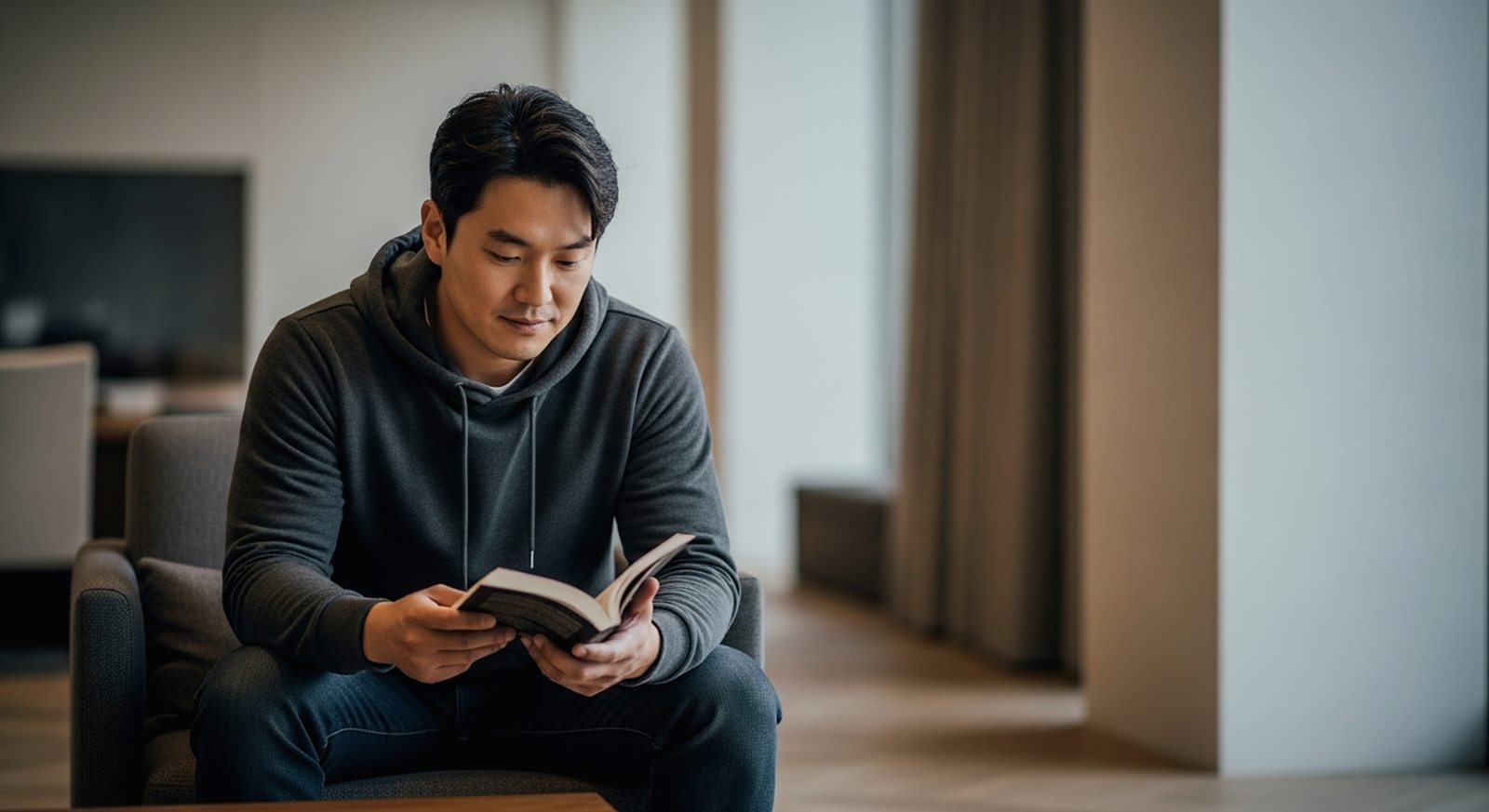 자신감 있는 표정으로 혼자만의 시간을 즐기는 사람, 인간관계의 주도권을 되찾은 후의 평온함과 만족감을 표현