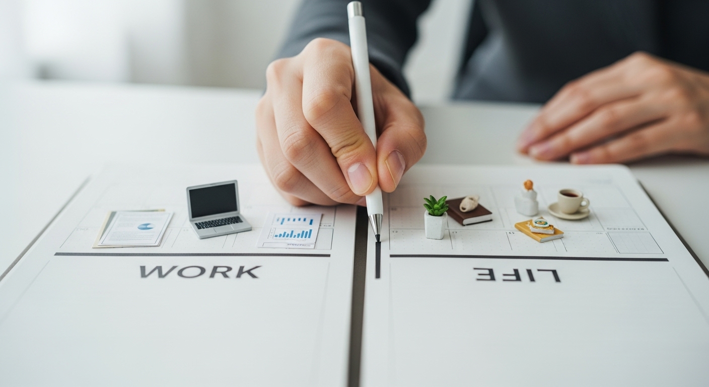 플래너에 'WORK'와 'LIFE' 사이 명확한 경계선을 긋는 손, 건강한 워라밸의 중요성을 시각적으로 보여줍니다.