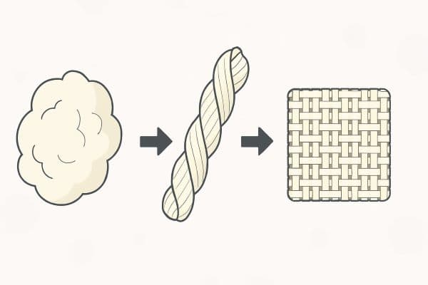 섬유에서 실, 그리고 직물로 이어지는 텍스타일 생산 과정을 보여주는 일러스트