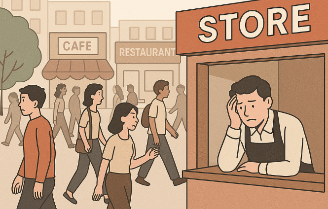 유동인구가 많은 것처럼 보이지만 손님은 없기에 폐업률이 높은 상권의 모습