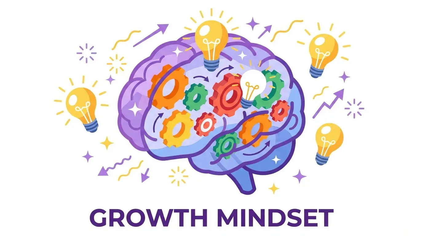 성장 마인드셋을 상징하는 밝게 빛나는 두뇌와 톱니바퀴