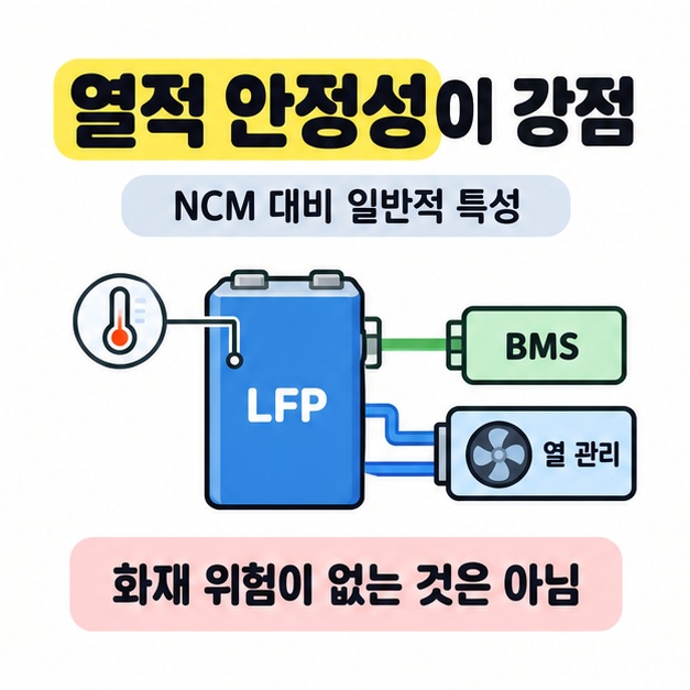 NCM 대비 열적 안정성을 설명하며 LFP 배터리에 온도 센서와 BMS, 열 관리 장치를 연결하고 화재 위험이 없는 것은 아님을 알리는 도식
