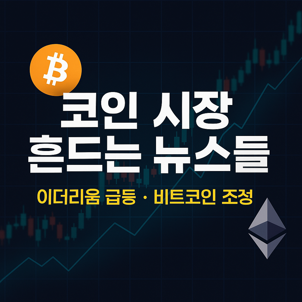 코인 시장 흔드는 뉴스들 텍스트와 비트코인·이더리움 심볼이 포함된 썸네일 이미지