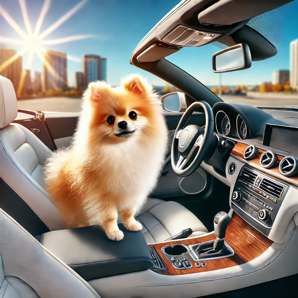 포메라니안으로 추정되는 강아지 1마리가 자동차 안에서 앉아 있다.