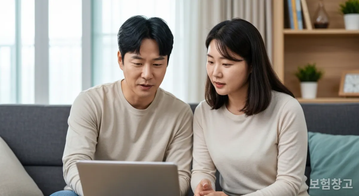 거실에서 태블릿을 보며 4대보험료에 대해 이야기하는 한국인 부부
