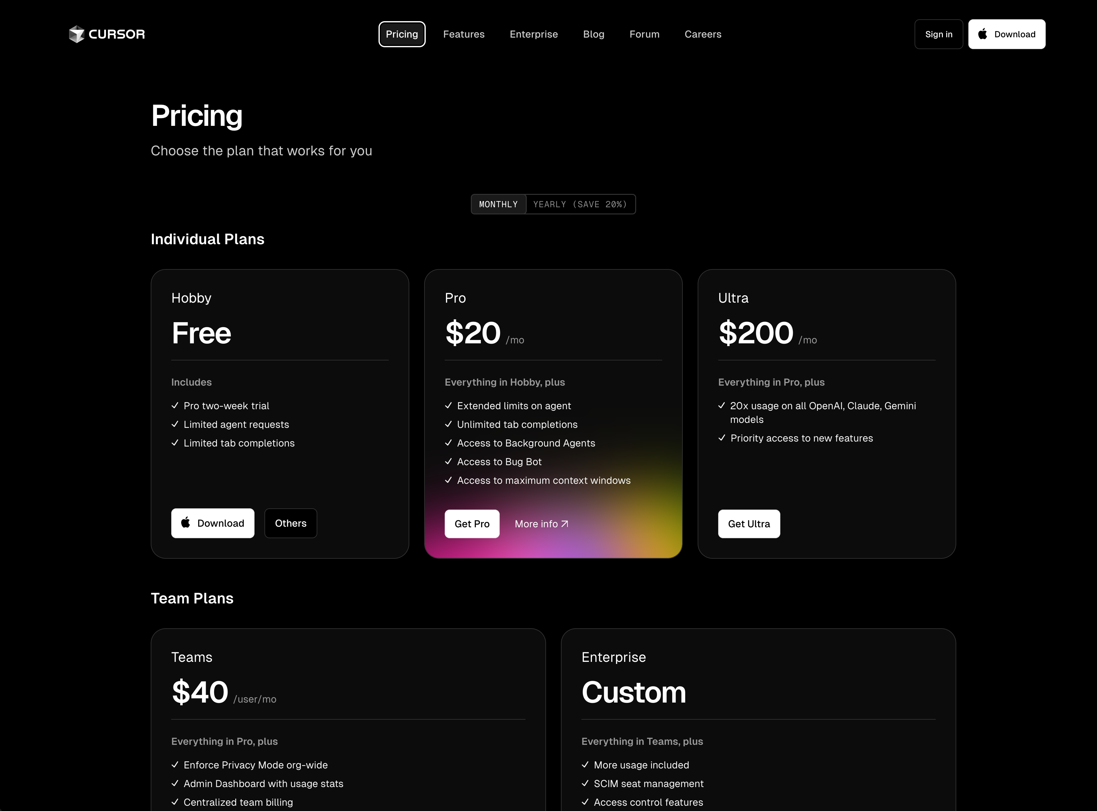 Cursor의 요금제 비교 - 개인, 팀, 비지니스 플랜의 비교