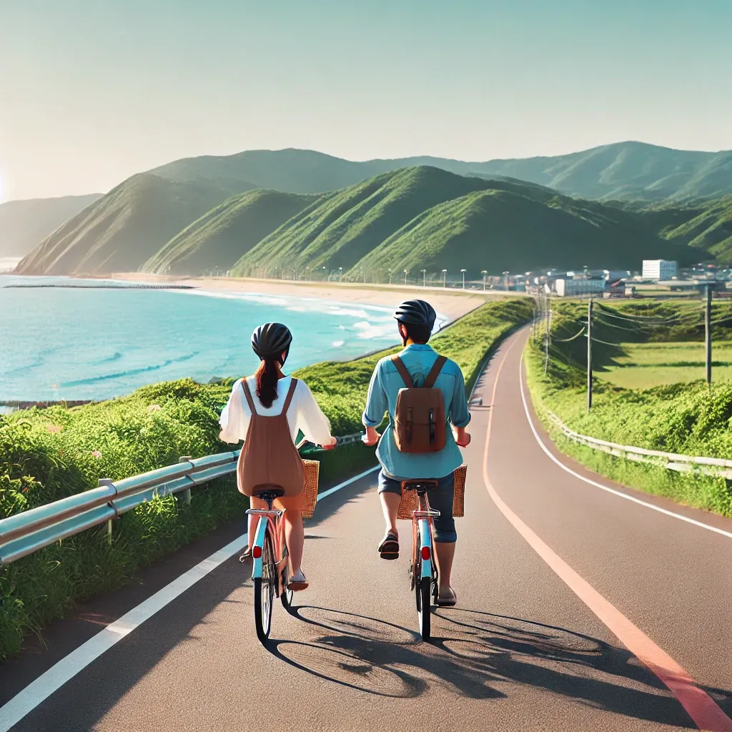 커플이 후쿠오카의 해안 도로에서 자전거를 타고 있는 모습.