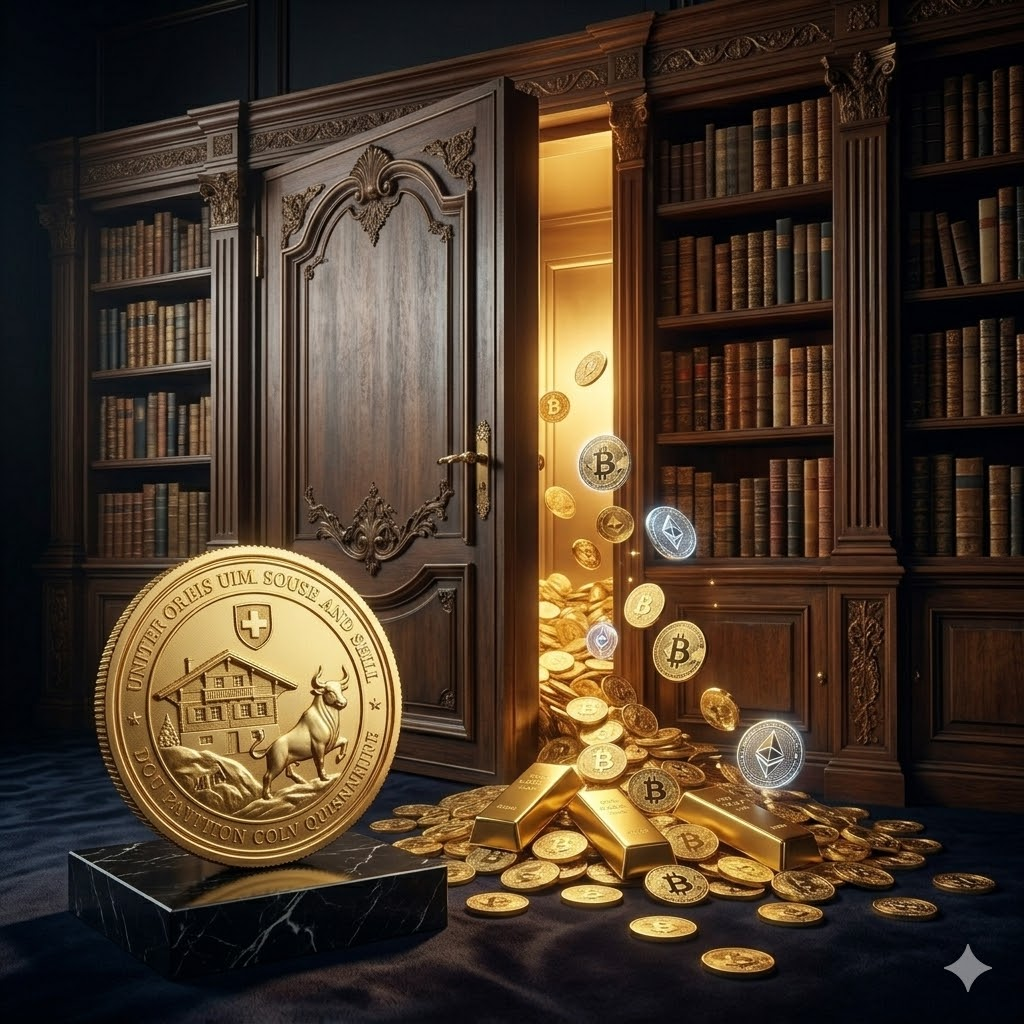 An ornate wooden bookcase within a dimly lit library is subtly ajar, acting as a secret door. A warm, exclusive golden glow reveals a cascade of gold coins, physical gold bars, and digital currency symbols spilling onto a dark velvet floor, similar to image_13.png and image_14.png. In the foreground, a unique gold-embossed Swiss chalet and bull seal sits on a polished black marble plinth, similar to image_11.png. From inside the library, looking towards the opening. Pure visual, no external text.