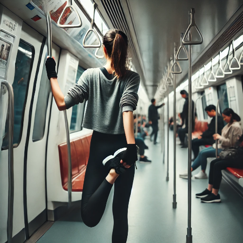 지하철 안에서 운동하는 사람