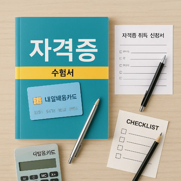 K-디지털 트레이닝 신청서, IT 자격증 수험서, 노트북, 펜, 체크리스트가 정돈된 국비지원 프로그램 관련 스튜디오컷 이미지