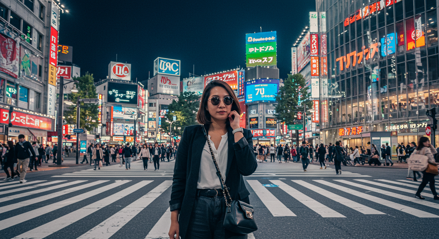 시부야 스크램블 교차로를 배경으로 포즈를 취하고 있는 여행자