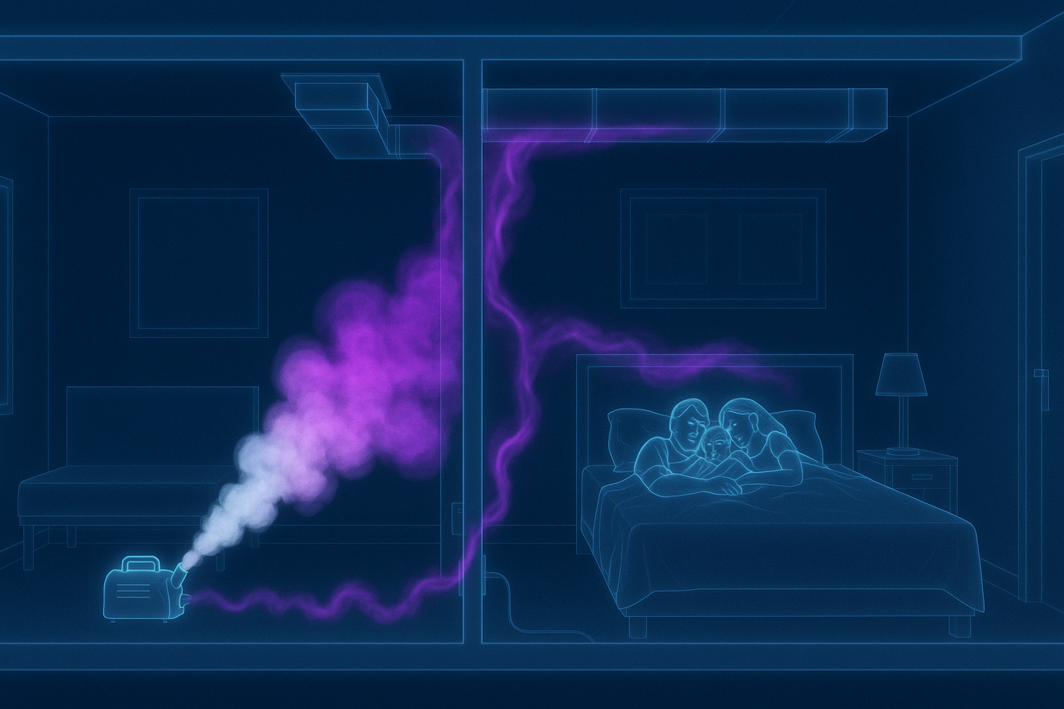 다른 방 기체가 퍼지는 모습을 X-ray 형식으로 묘사한 일러스트