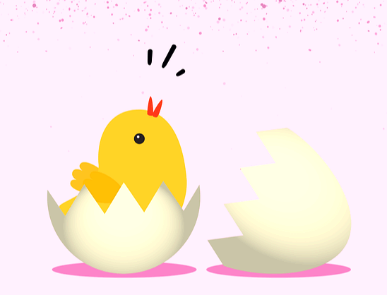 하얀 달걀 껍질을 깨고 노란 병아리 한 마리가 나오는 장면이다.