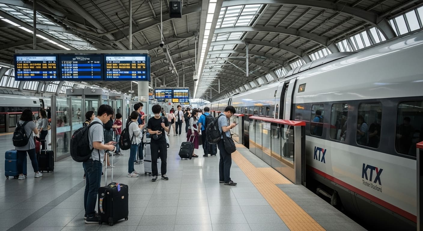 추석 귀성객으로 붐비는 기차역 대합실