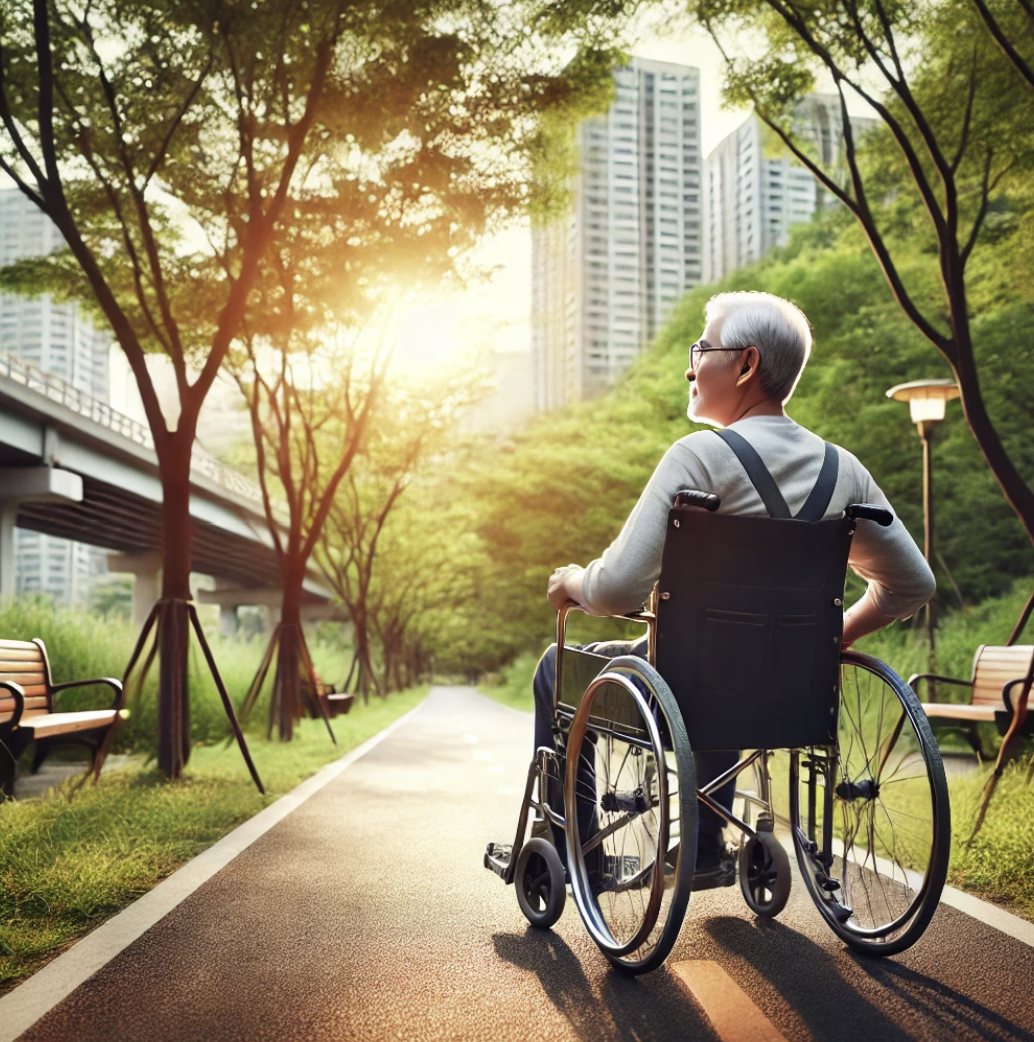 휠체어로 공원을 산책중인 사람