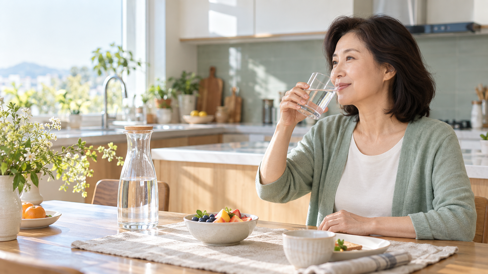 아침에 입이 말라 주방에서 물을 마시는 중년 여성