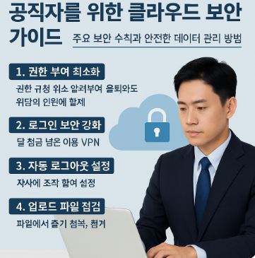 공무원이 클라우드 보안 수칙을 확인하며 노트북으로 업무를 수행하는 모습의 이미지