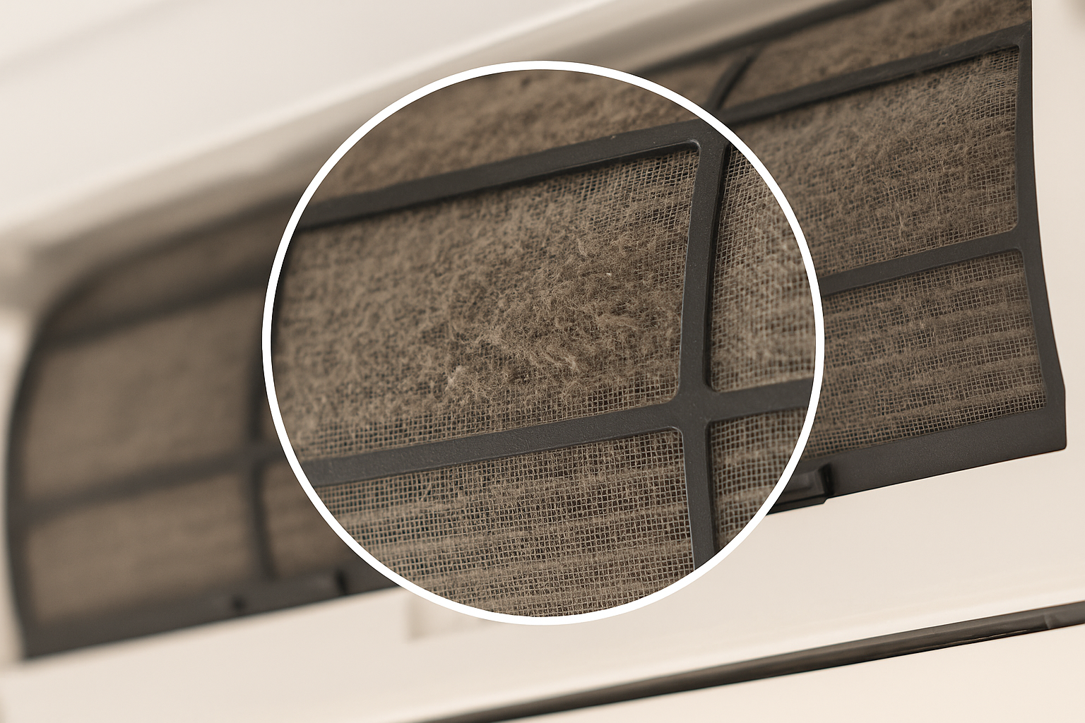 에어컨 필터에 쌓인 먼지를 확대해 보여주는 이미지, 회색 먼지가 촘촘히 끼어 있음