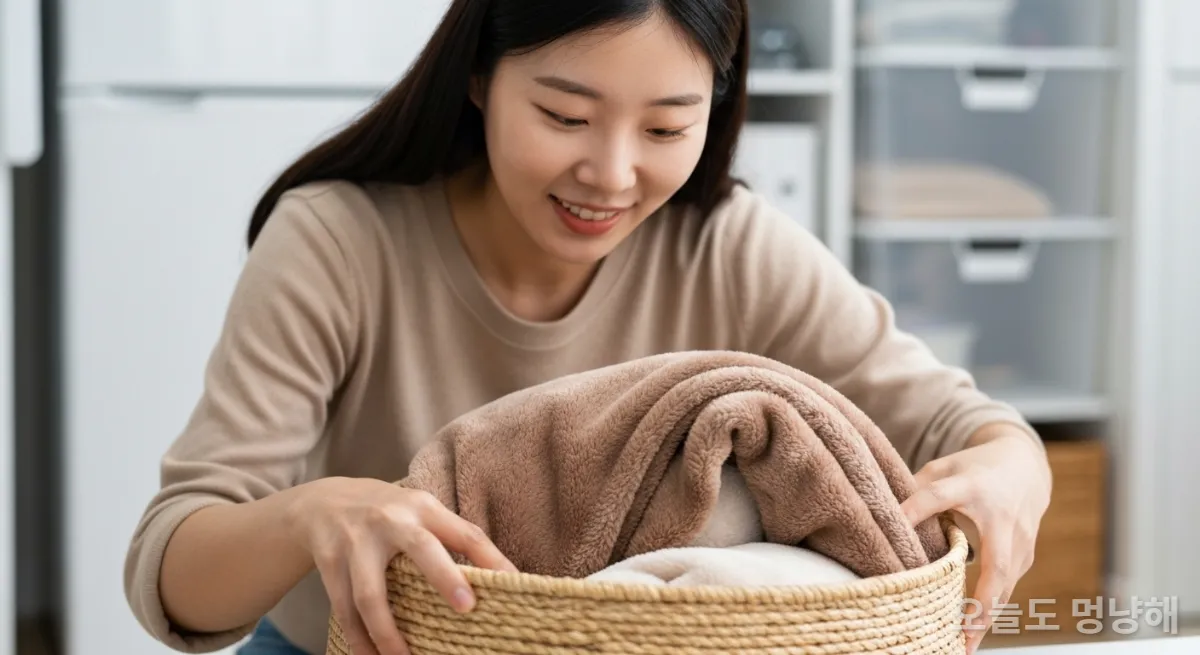 새로운 바구니형 숨숨집에 부드러운 담요를 깔아주는 20대 한국 여성의 모습