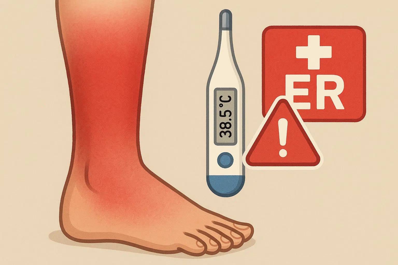 다리 피부가 급격히 붉게 퍼지는 모습, 체온계(38.5도 이상)