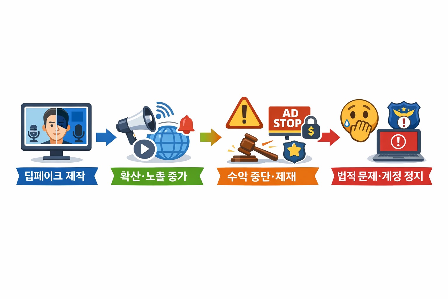 딥페이크 콘텐츠 위험 흐름 아이콘 다이어그램