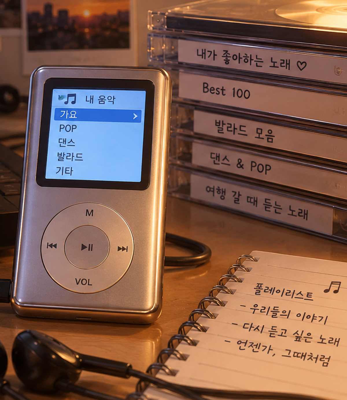 오래된 컴퓨터 옆에서 USB 케이블로 연결된 작은 MP3 플레이어